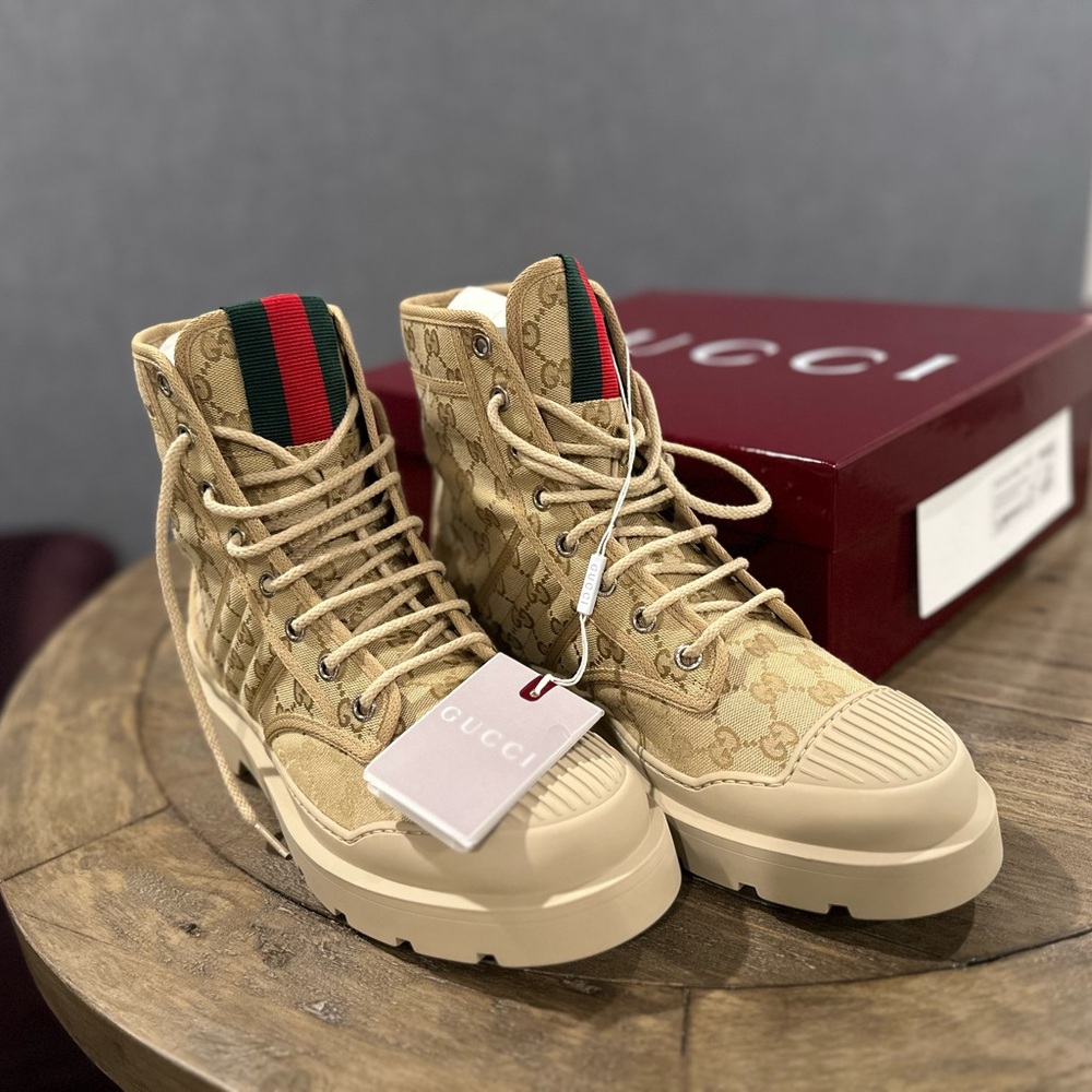 Gucci Beige/Tan High-Top Boots with Signature Web Stripe